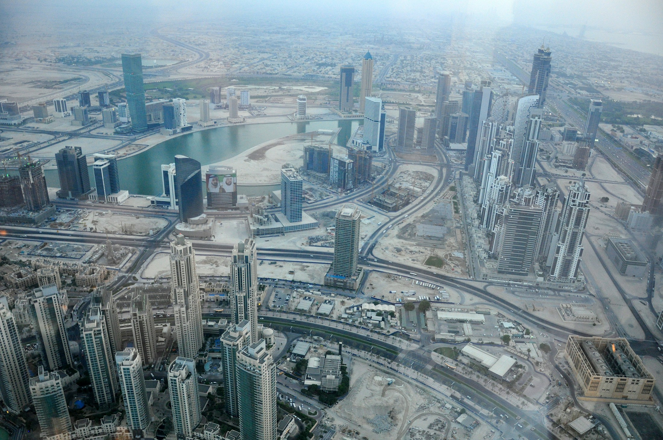 Aerial view of Dubai's modern skyline and coastline