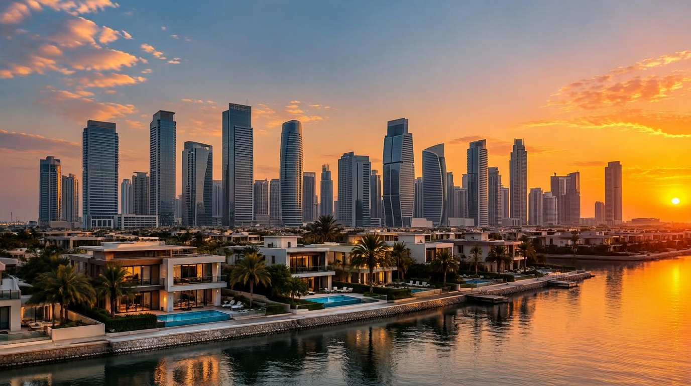 Unbranded modern UAE cityscape at sunset