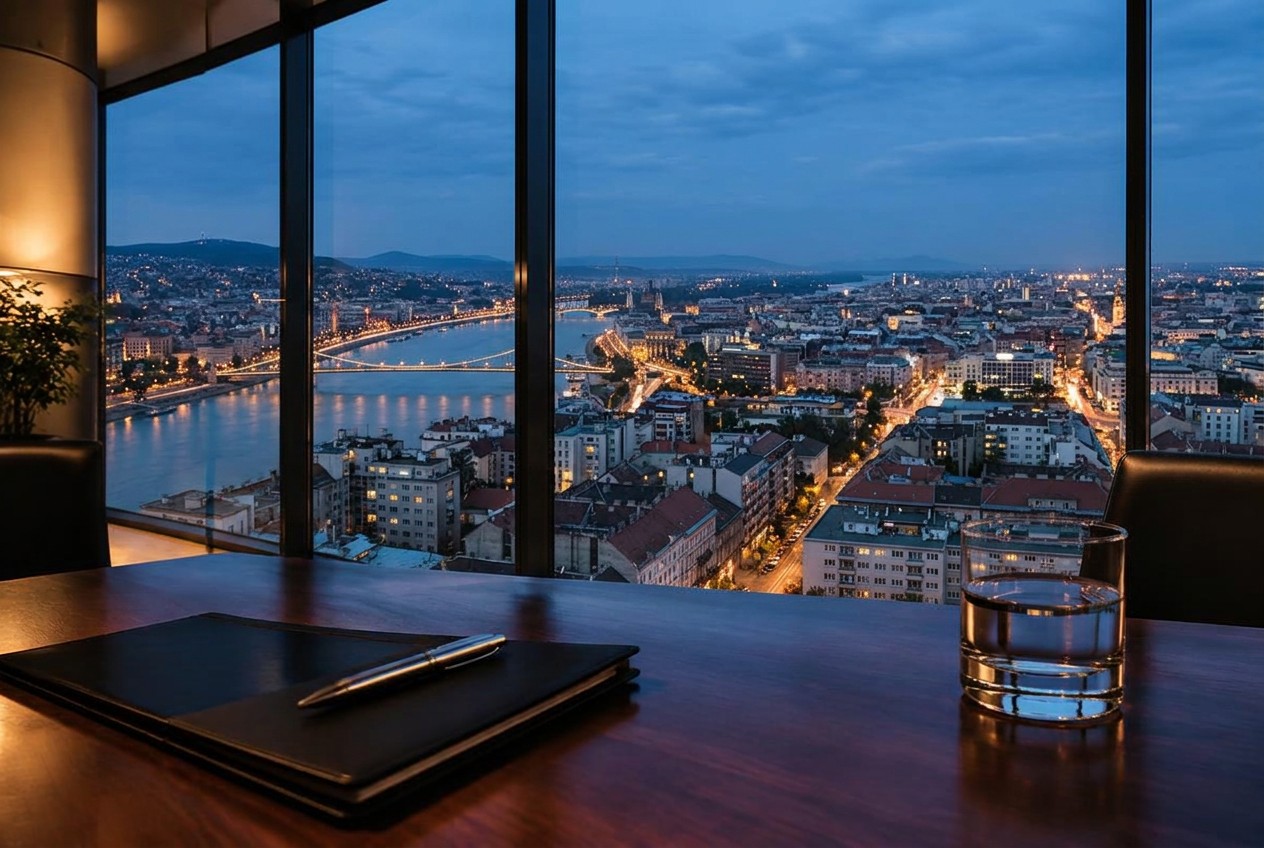 Empty office overlooking a European river at dusk