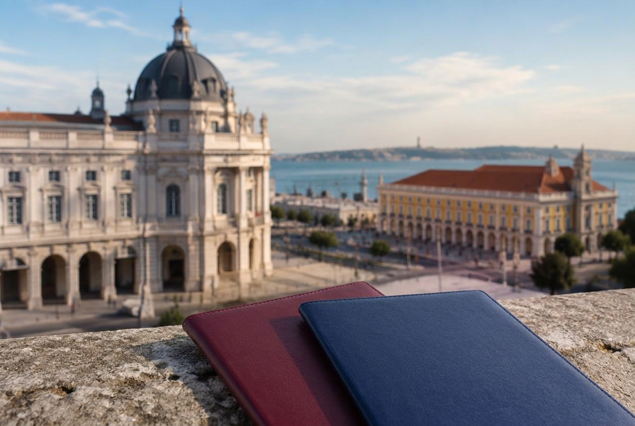 Blank travel folders overlooking a Portuguese city