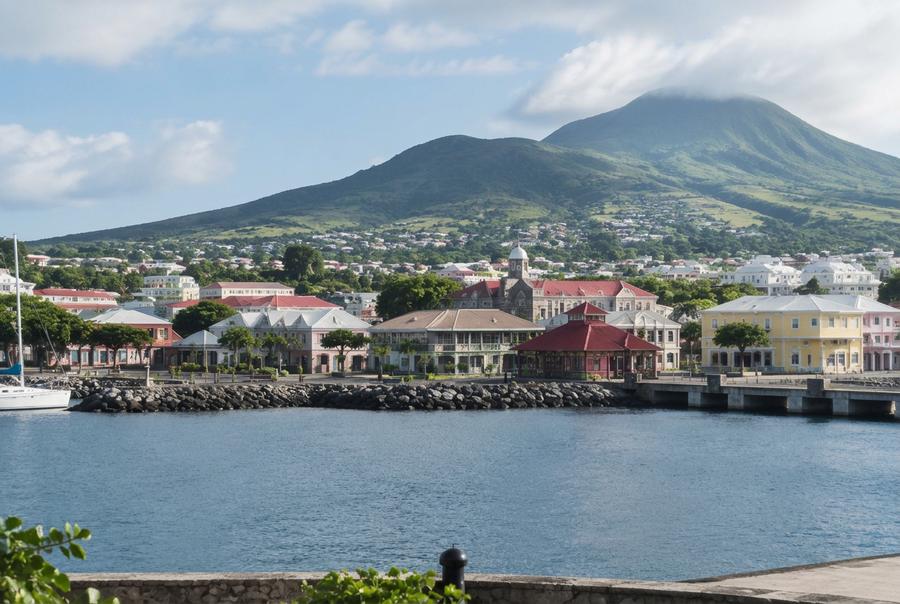 Quiet St Kitts waterfront beneath green hills